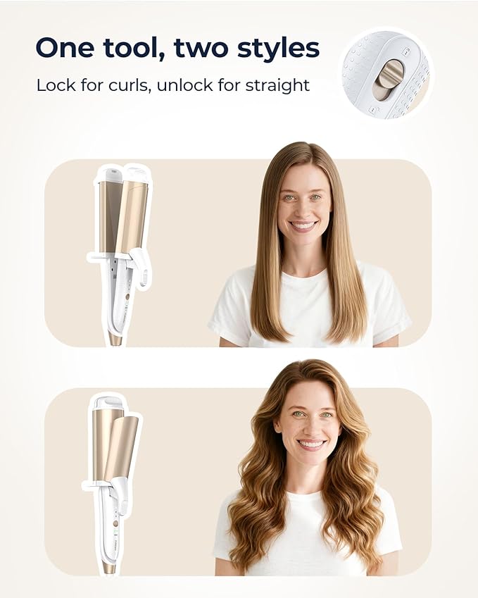 Dual-Voltage Curling Iron: 110V-240V 2 Inch Ceramic Wide Barrel 2-in-1 Curling Iron for Armpit to Mid Back Length Hair - Europe Travel for Loose Waves with Clamp