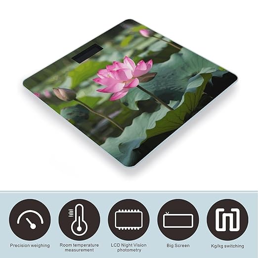 Pink Lotu FlowersScale for Body Weight with LCD High Precision Weighing Scales Fashion Sturdy Tempered Glass Weight Scales Easy-to-Read Digital Bathroom Scale for Daily 400lb