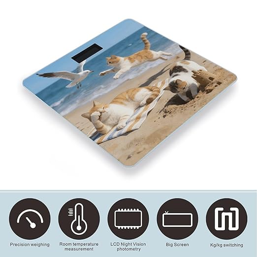 Beach Cat Fun Weight ScaleClear LED Display Bathroom Digital Weighing ScaleTempered Glass Digital Bathroom Scale for Body Weight Capacity Up to 400 Lbs
