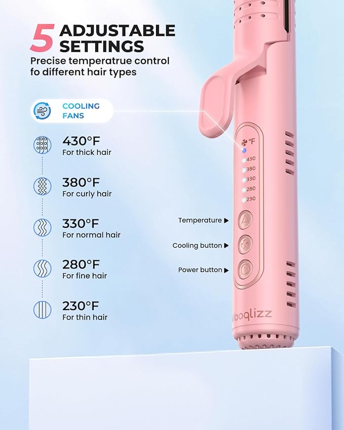 Airflow Styler Curling Iron Hair Straightener and Curler 2 in 1 with 360°Cooling Vents Dual Voltage Adjustable Temp Rose Pink