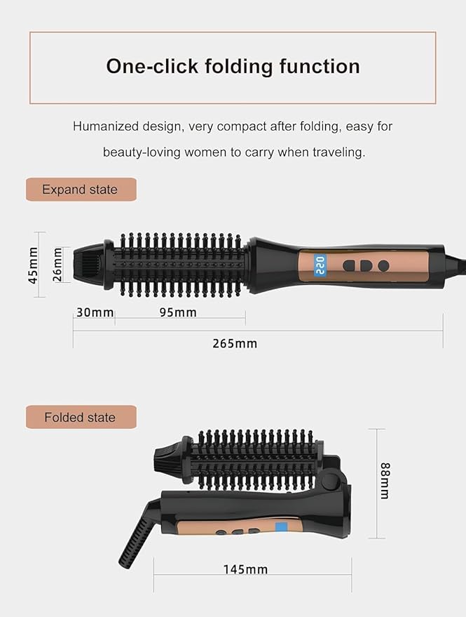 Temperature Control Mini Collaspe Hair Curler Tangle-Free Curling Iron Brush and Volumizer Dual Voltage Travel-Friendly Tourmaline Ceramic Ionic Hot Brush Styling Wand (New Black)