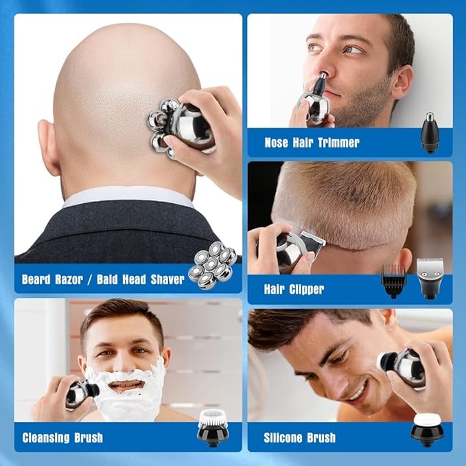 Head Shavers for Bald Men Wjiang 6 in 1 Electric Razor Mens Shaver Wet Dry Cordless Electric Skull Shavers 7D Floating Rechargeable Bald Head Shaver Back for Men Father's Day Gifts