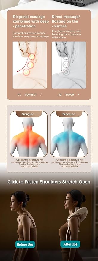 Cervical and Shoulder Massager 3-Level Force Adjustment Equipped with Trapezius Muscle Kneading and Heat Therapy Function Portable Design Ideal Gift for Parents