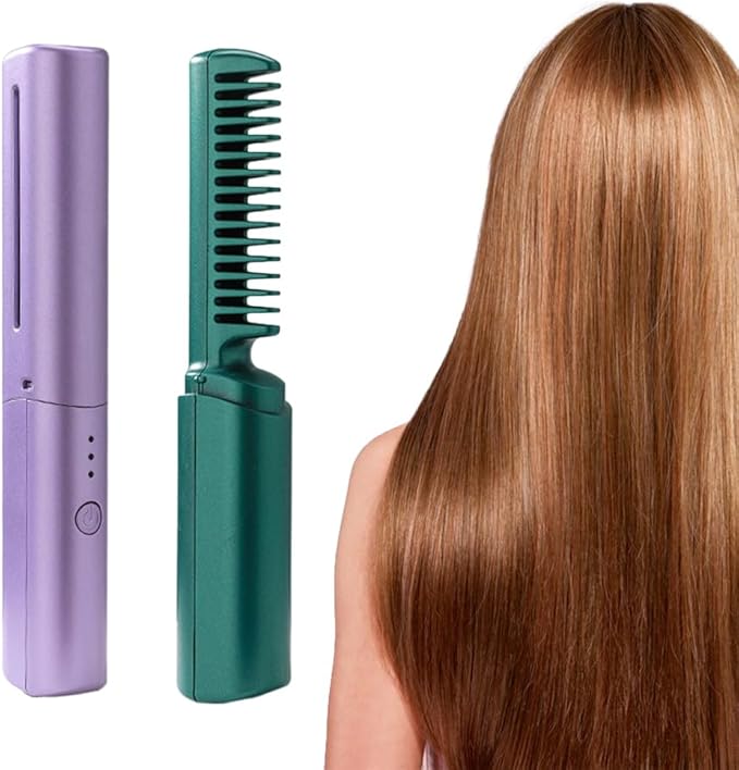 Rechargeable Mini Hair Straightener 2023 New Rechargeable Cordless Hair Straightener Brush Three Temperature Adjustment Straightening Brush 3D Hair Care Comb for Dry and Wet Hair (Green+Purple)