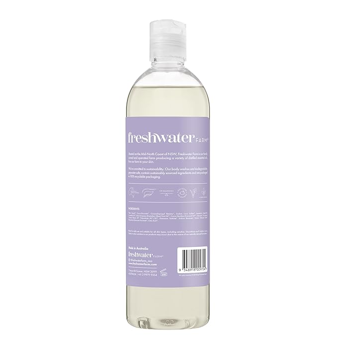 Freshwater Farm Australia Naturally Derived Shower Gel Body Wash - Paraben Phthlate Free Relaxing Lavender Oil - Moisturizing Body Wash for Women - 16.9 fl oz 4PK