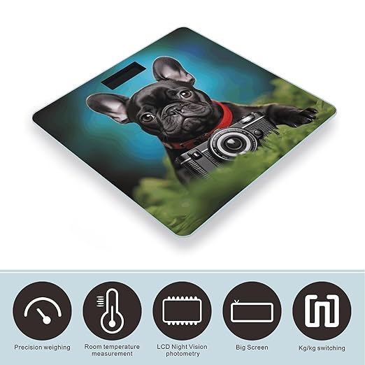 French Bulldog Puppy with Camera Bathroom Scale Large LCD Backlight Display Digital Scale Rounded Corners Body Scales Automatic Power On/Off Bathroom Scales for Home Bedrooms