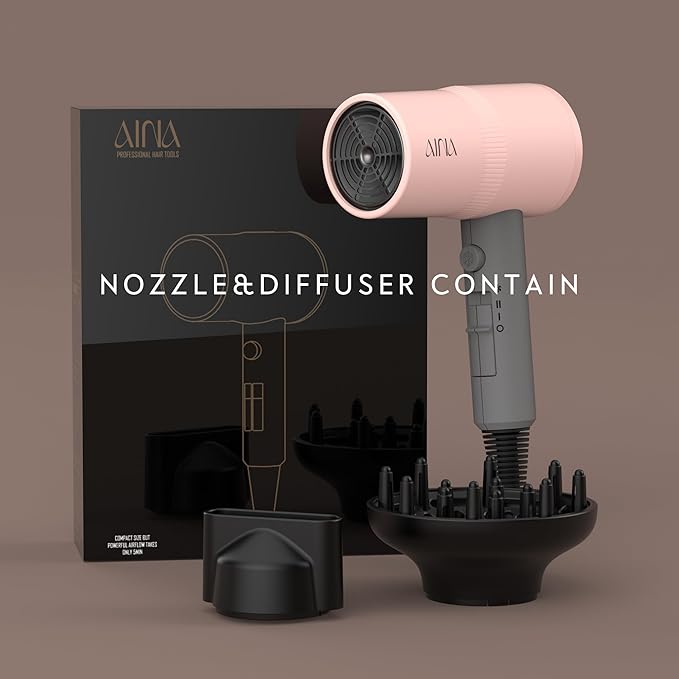AINA Hair Dryer with Diffuser Blow Dryer for Women | Advanced Ionic Technology Ceramic Coating | Cold Shot Features Turbo Heat for Fast Drying and Shine 110V/ALCI (Misty Blush)