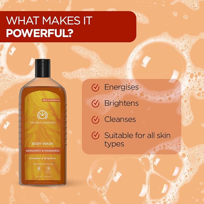 The Man Company Perfumed Body Wash- Bergamot &amp Mandarin | Shower Gel for Glowing &amp Bright Skin | With Turmeric &amp Orange Peel Extract | Long-Lasting Fragrance | Toxin-Free- 200 ml
