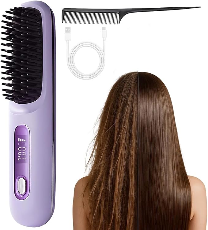 Go Brush Cordless Hair Straightener 2026 Go Brush Portable Cordless Hair Straightener Brush with LCD Temperature Display Fast Heating Straightener Brushs for Travel and Daily Use (Purple)