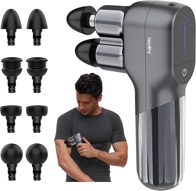 Mini Massage Gun - Deep Tissue Percussion Massager with Dual Heads 5 Speed Levels &amp 4 Attachments Portable Handheld Muscle Recovery Gun for Athletes Travel &amp Pain Relief