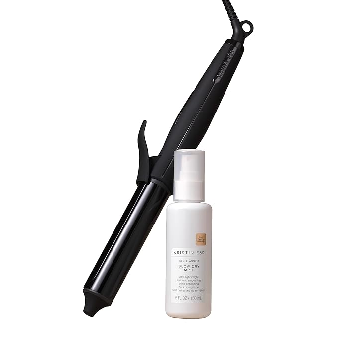 Kristin Ess Hair NANOBLACK 11/4 Inch Automatic Ceramic Curling Iron + Style Assist Blow Dry Heat Protectant Spray - Dual Voltage Hair Styling Beach Waver + Curler - Smooth Barrel + Digital Display
