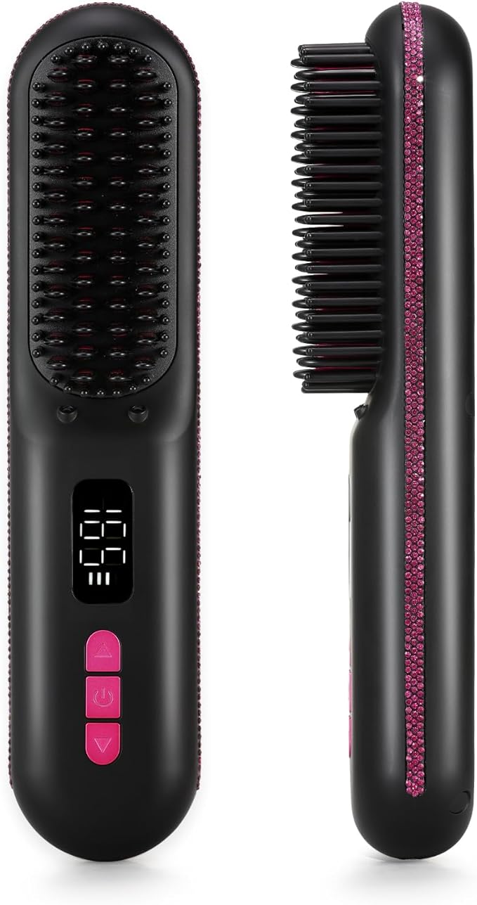 Hair Straightener Brush Portable Cordless Mini Straightening Brush for Travel Negative Ion Hot Comb Hair Straightener with 9 Temps for Women Anti-Scald Ceramic Fast Charge