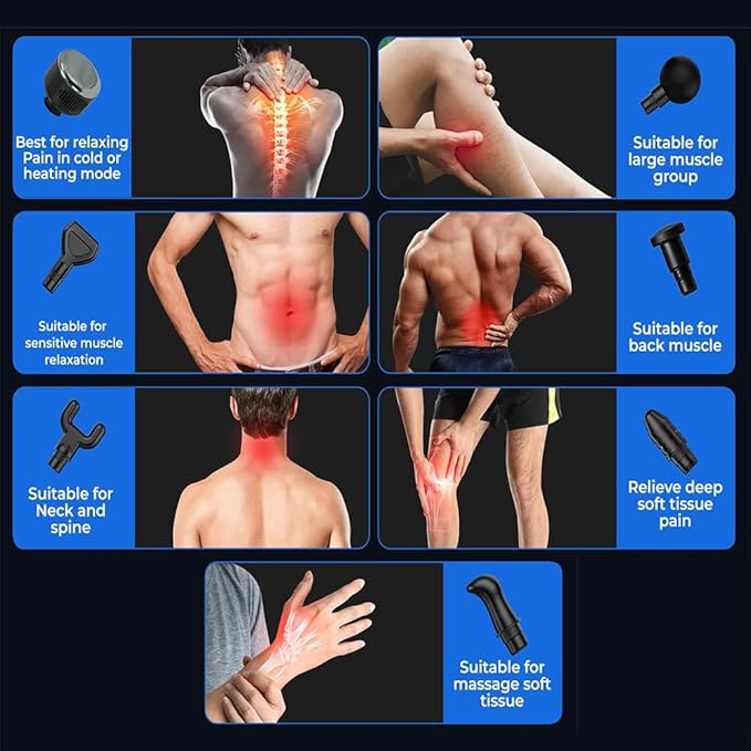 Massager Hot and Cold Massager Deep Tissue Back Massage 14mm Massage Depth 12 Frequency Levels Touch Screen 7 Interchangeable Heads 1500mah Muscle Massage for Pain Relief