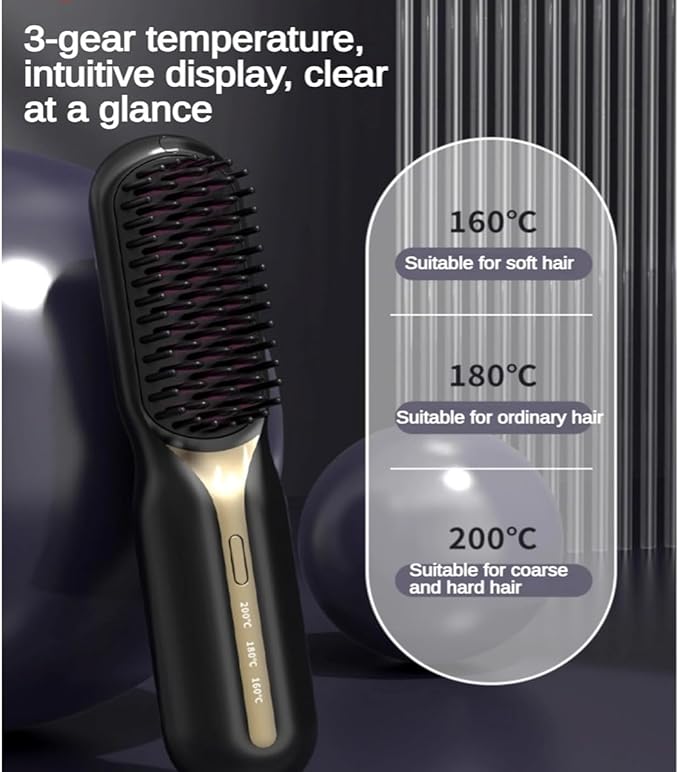 Cordless Hair Straightener with Detangling Brush Portable Hot Ionic Straightening Brush for Women (Black)