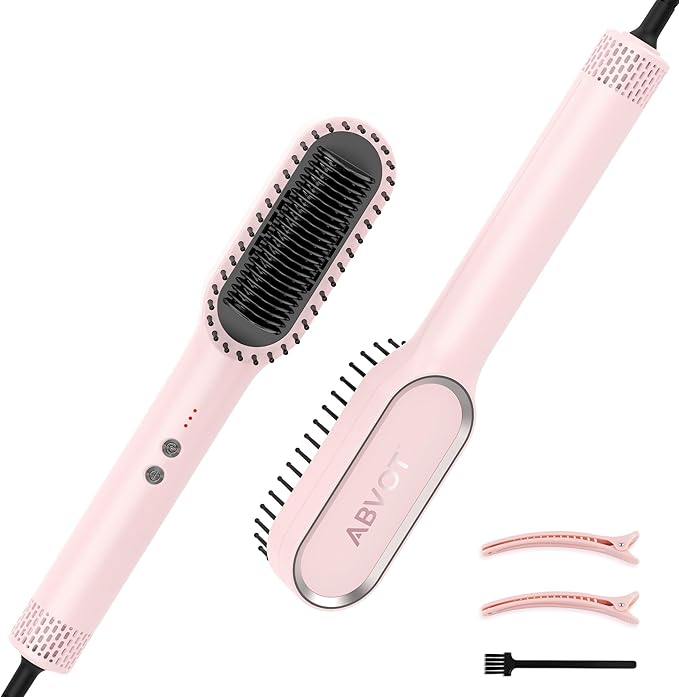 Hair Straightener Brush with Dual Air Vents ABVOT All-in-1 Styling Comb Heat/Cool air Modes Fast Heating &amp Global Voltage Pink