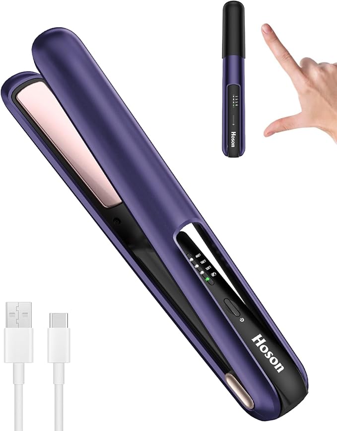 Hoson Cordless Hair StraightenerPortable Mini Flat Iron Travel for BangsShort Hair Rechargeable Curling Iron and Curler 2 in 1Purplefor Touch Ups