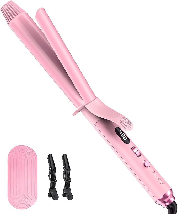 FARERY Long Barrel Curling Iron 1 1/4 inch 1.25 Inch Curling Iron for Thin Hair Infused Argan Oil &amp Keratin 11 Adjustable Temp Include Clips &amp Silicone Pad Pink