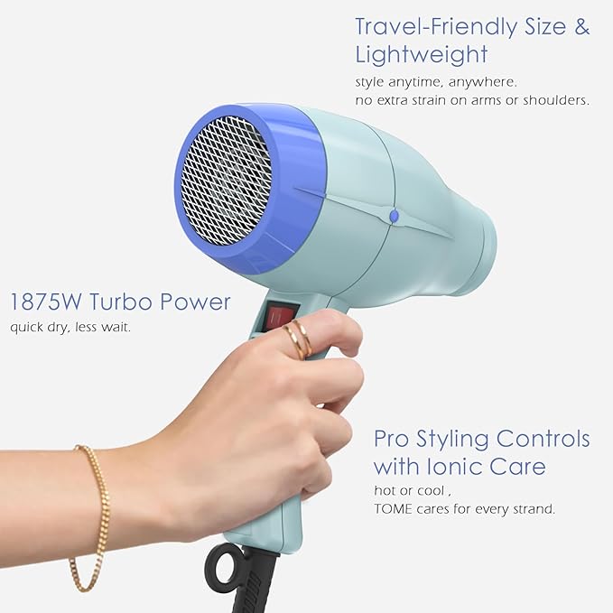 TOME Hair Dryer with Diffuser 1875W Ionic Blow Dryer with Comb Attachment and Concentrator for Home Use Fast Drying with Cool Shot and 2 Heat &amp 2 Speed Settings 125V Blue
