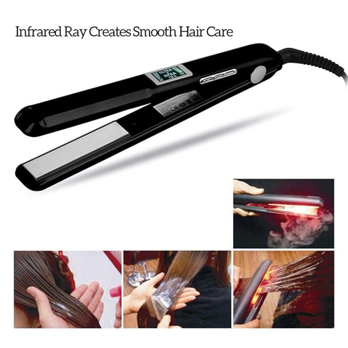 LCD Infrared Ultrasonic Keratin Cold Flat Iron Ceramic Heater Surface Hair Straightener for Damaged Hair With LCD Display Function (Black)