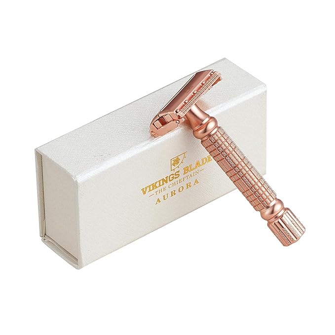 VIKINGS BLADE Double Edge Safety Razor + 5 Swedish Steel Blades + Luxury Case. Smooth Reusable Recyclable (Chieftain Hera)