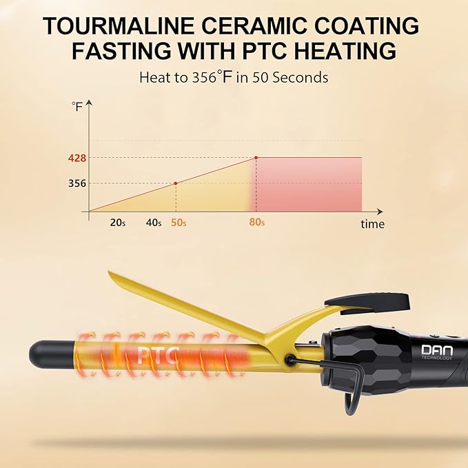 DAN Technology 5/8 Inch Curling Iron Wand Tourmaline Ceramic Hair Curler with LCD Display (180°F–430°F) Fast Heating Dual Voltage Auto Shut-Off Black &amp Gold