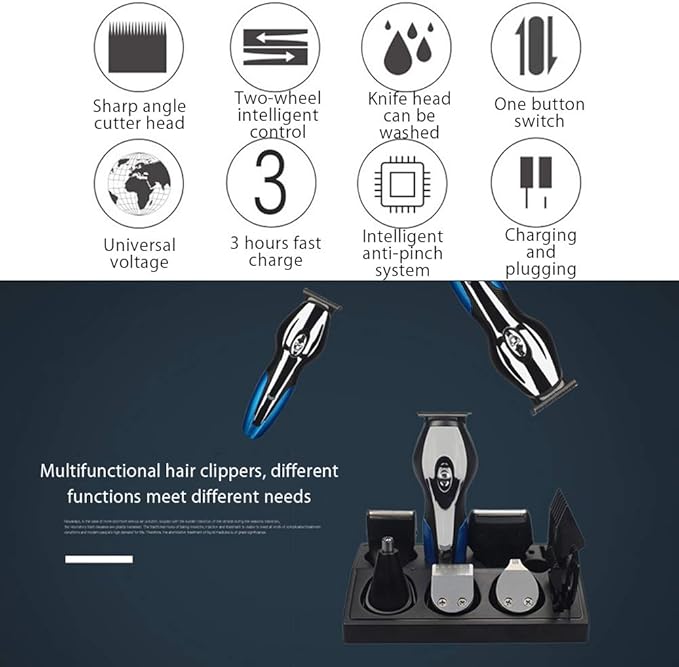 QWEASDF 6-in-1 Electric Hair Clipper Set Beard Trimmer Body Hair Trimmer Nose Hair Trimmer USB Charging Powerful Power Suitable for The Whole FamilyBlue
