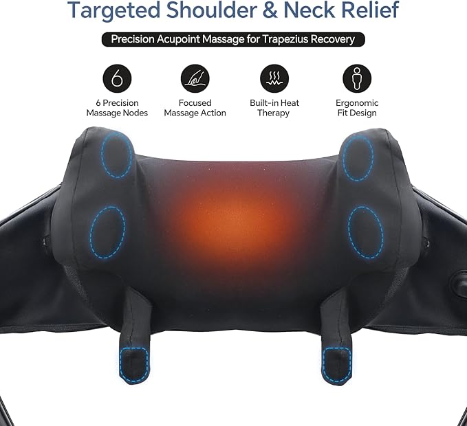 Cordless Neck Shoulder Massager with Heat Deep Tissue Shiatsu Kneading for Pain Relief Upgraded Straps Portable for Home Office Travel Ideal Gifts for Men Women Mom Dad
