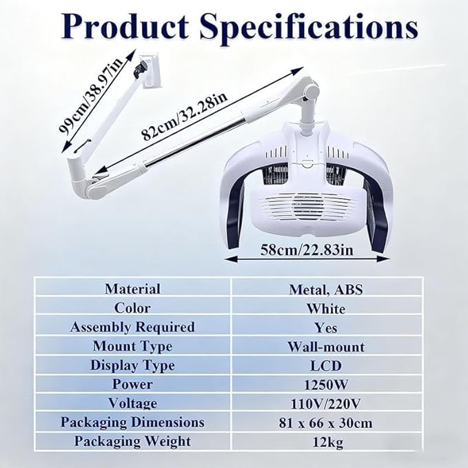 Professional Hair Dryer 1500W High Power Hairdressing Dryer with 5 Heating Discs and 360° Swivel Adjustable Arm Salon Hair Color Processor Wall Mount with LCD Display