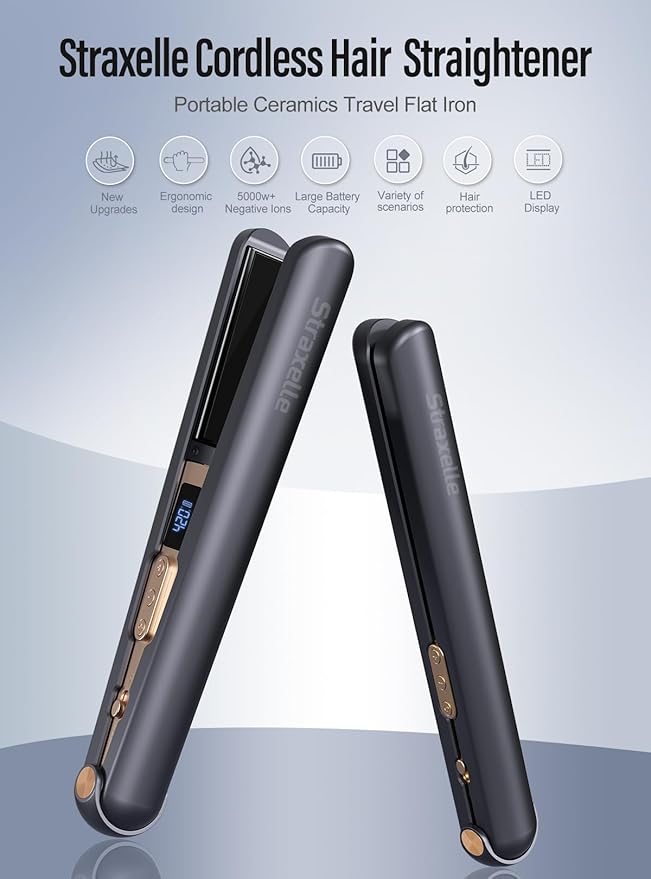 2-in-1 Cordless Hair Straightener and Curler Adjustable 350°F-420°F 20s Heat-Up/LED Display/10000mAh BatteryCordless Flat Iron Travel Safe Ceramic Plates for Fine to Thick Hair