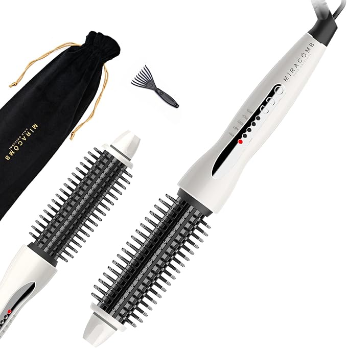 MIRACOMB Professional Hair Curler Straightening Brush | Ceramic Heated Round Brush | 1 Comb Flat Iron Straightener | Anti-Frizz Curl Wand Iron Roller with 5 Heat Settings Cool Touch Auto off White