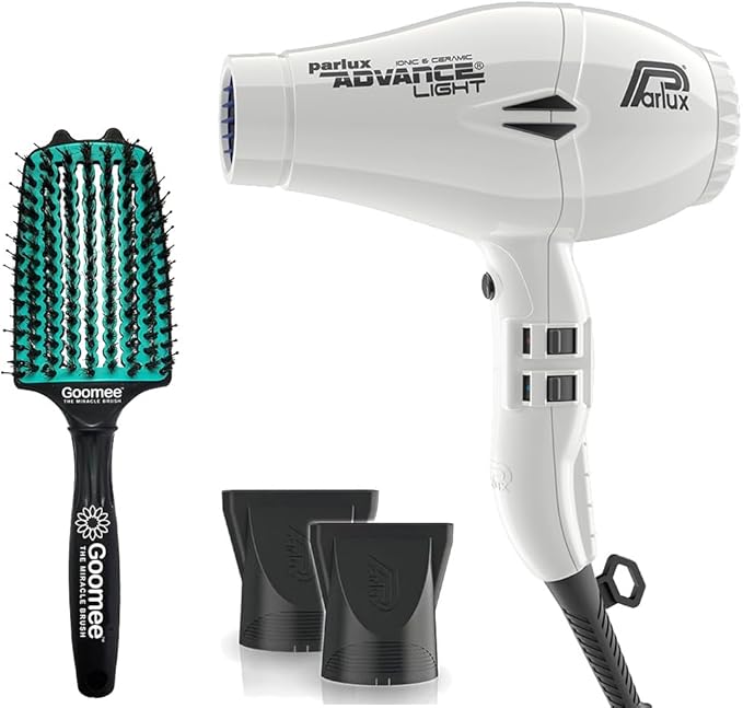 Parlux Advance Light Ionic and Ceramic White Hair Dryer with Miracle Large Detangling Brush Mint Green – Lightweight Blow Dryer and Dual Bristle Brush for Smooth Shiny Frizz-Free Hair