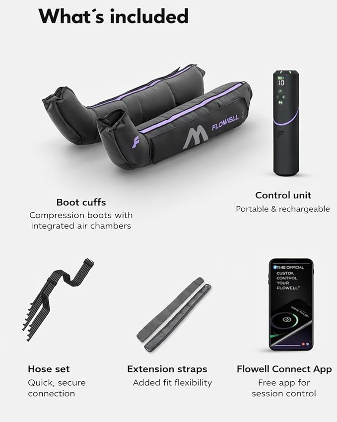 Flowell Sport Mobile Boots Set Connect App-Controlled 4-Air-Chambered Deep Tissue Compression Recovery Boots &amp Post-Workout Leg Recovery Compression System for Pro Athletes