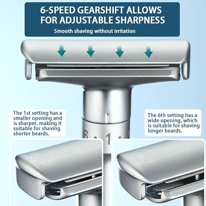 Adjustable double-edged safety razor with 10 platinum-plated stainless steel razor blades + optional stand + complimentary holster reusable razor smooth close shave (Silver)