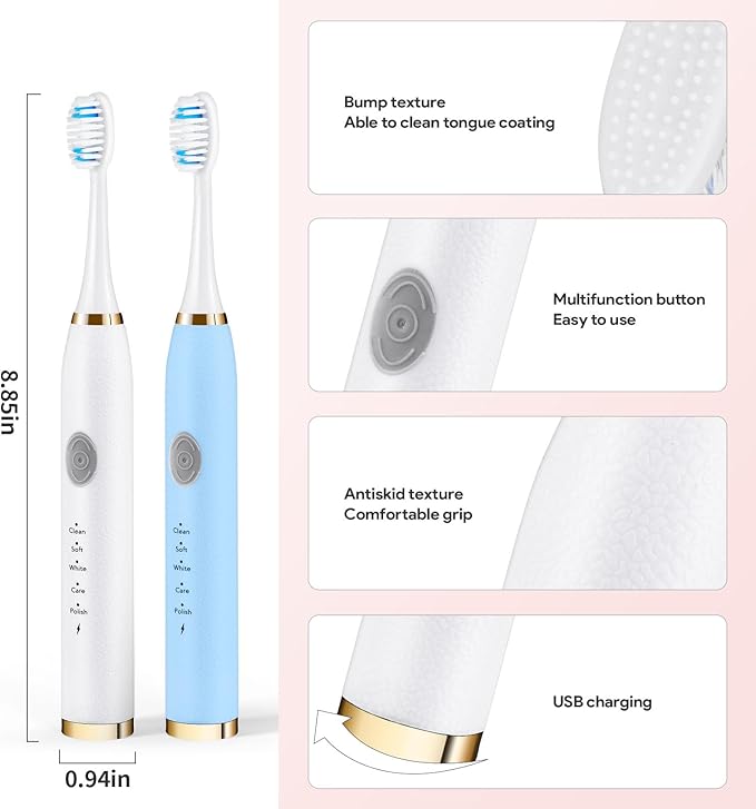 Dnil 2-Pack Adult Electric toothbrushes for Oral Care Rechargeable Sonic Toothbrush Set 35000 VPM 10 Replaceable Brush Heads 5 Modes (White &amp Blue)