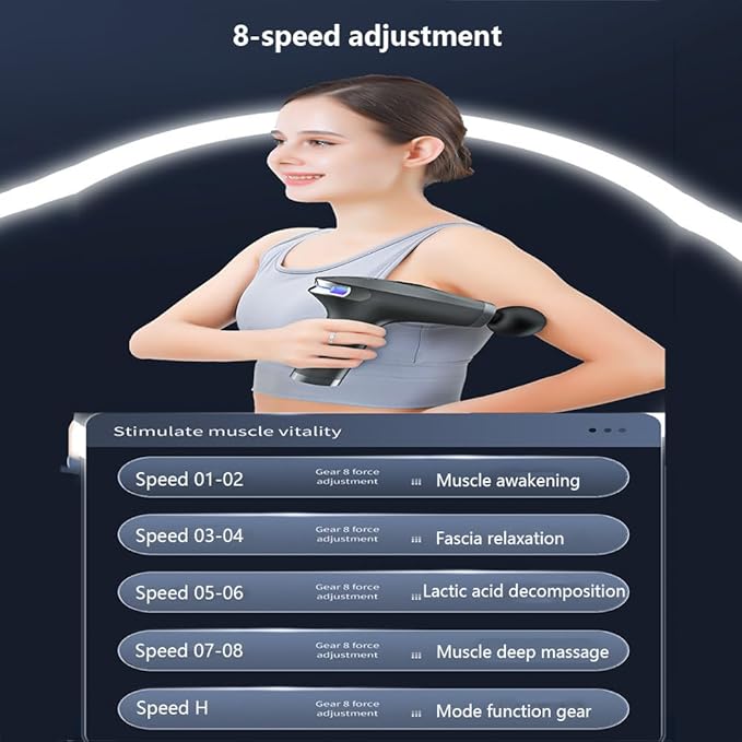 Massager for Body Muscle Relaxation and Fitness LED Screen 4 Massage Heads 8-Level Adjustment Detachable Handle 10 Mm Massage Depth 15-Minute Timer Deep Tissue MassageGrey