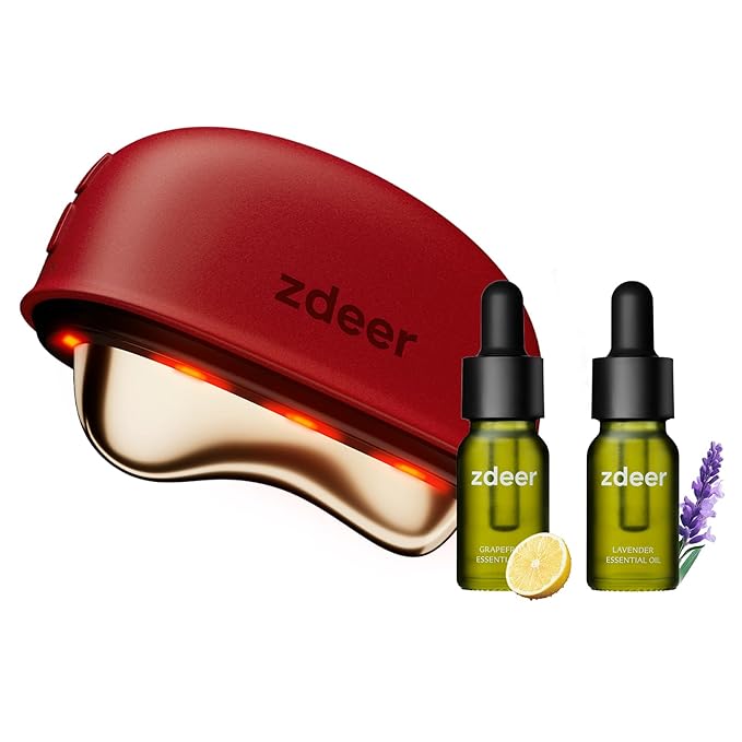 ZDEER Electric Gua Sha Facial Care Set – Heated Brass Face &amp Neck Massager with Red Light Therapy &amp Soothing Vibration Includes 2 × 10ml Massage Oils for Face &amp Body Care