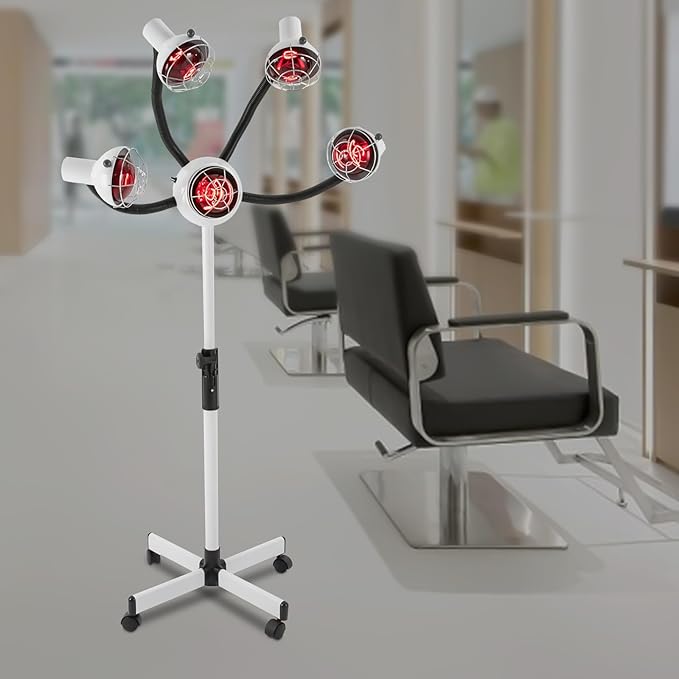 5-Head Infrared Light Heating Therapy Red Lamp 110V 750W Adjusting Height &amp Angle Hair Dryer Hair Color Processor Infrared 5 Red Lights for Hair Salon White