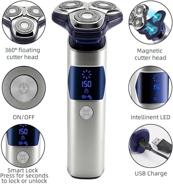 Electric Razor for Men's Wet Dry Electric Shaver for Men Beard Rechargeable Facial Electric Razor 3D Floating Shaving Machine IPX7 Waterproof