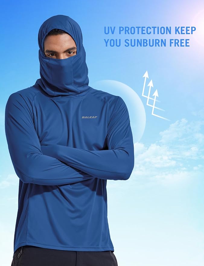 baleaf Men's Sun Protection Hoodie Shirt UPF 50+ Long Sleeve UV SPF T-Shirts with Mask Rash Guard Fishing Lightweight