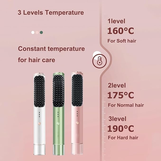 Cordless Hair Straightening Brush with 3 Levels Temperature Auto-Off Anti-Scald Hot Travel Heated Comb USB C Type C Portable Hair Straightener - Pink