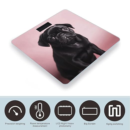 Cute Black Pug Weight Scale Large Bathroom Scales Digital Weight with Bright LED Display Non Slip Automatic Weighing Scale Fashion Weighing Machine for Body