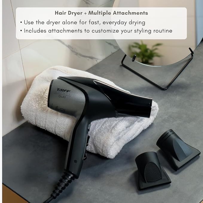Taiff Unique Duo Professional Hair Dryer – 127V | 1875W Power | AC Motor | Tourmaline + Ionic &amp Ceramic Technology | Titanium Elements | 2 Concentrator Nozzles (Gray)