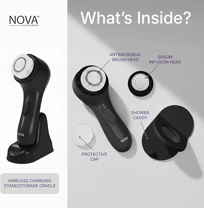 Spa Sciences - NOVA - Sonic Cleansing Brush with Bristles &amp Infusion System – Anti-Aging Facial Exfoliating Waterproof and USB Rechargeable