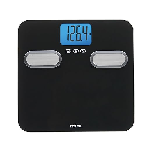 Taylor Men's Body Composition Bathroom Scale for Body Weight - 400 lb Capacity Blue Backlight Display 10-User Profiles Body Composition Analysis Fits Up to Size 12 Shoe Black