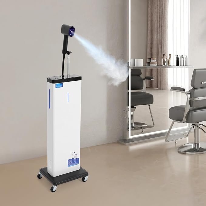 Nano Mist Hair Steamer 1300W 110V Multifunctional Standing Hair Steamer on Wheels 9 Adjustable Settings Nanoscale Spray for Hair Repair Professional Hair Processor for Salon (White)