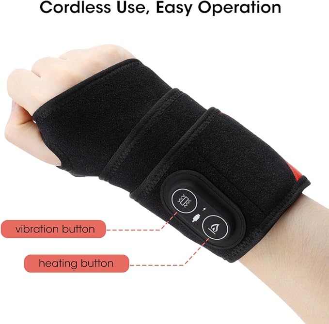 Kovarria TheraWrap Cordless 3-in-1 Red Light Therapy Wrist Wrap Rechargeable Hand Brace with 3 Heat Settings &amp 3 Vibration Levels