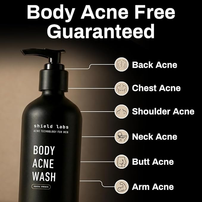 Shield Men's Acne Body Wash for Back Chest &amp Shoulders - 4% Benzoyl Peroxide Body Wash Clears Breakouts &amp Acne Scars – Unscented with Niacinamide Glycolic Acid &amp Ceramides 8.5 oz