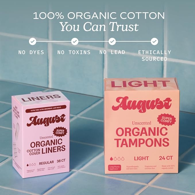 August Organic Cotton Tampons 96 Light Tampons Made with Organic Cotton Long Applicators Non-Toxic Fragrance-Free Chlorine-Free and Hypoallergenic (6 Boxes of 16/12 Boxes of 8)