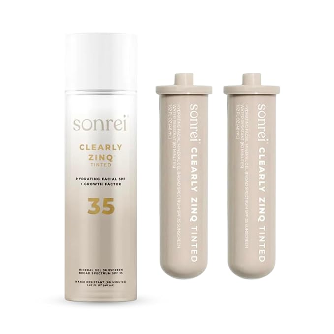 Sonrei Clearly Zinq Hydrating Tinted Facial SPF 35 + Anti-aging Growth Factor Sunscreen Mineral Gel &amp Primer | Broad Spectrum UV Protection | Water Resistant Vegan | Non-greasy with 2 REFILL 3-P
