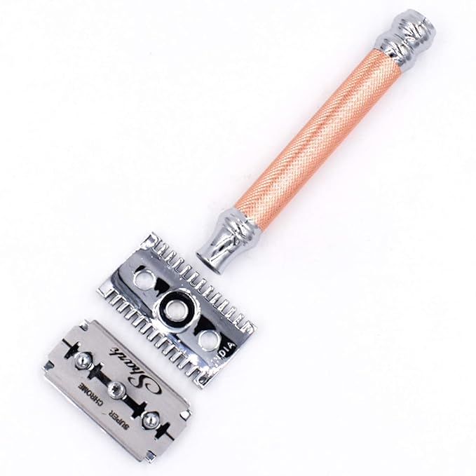 Parker Open Comb Double Edge Safety Razor – Heavyweight Chrome Handle for Closer Shaves – Includes 5 Razor Blades – Ideal for Men or Women (Rose Gold)